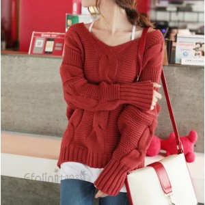 Bat-Wing Sleeves Casual Style Acrylic Solid Color V-Neck Sweater For Women